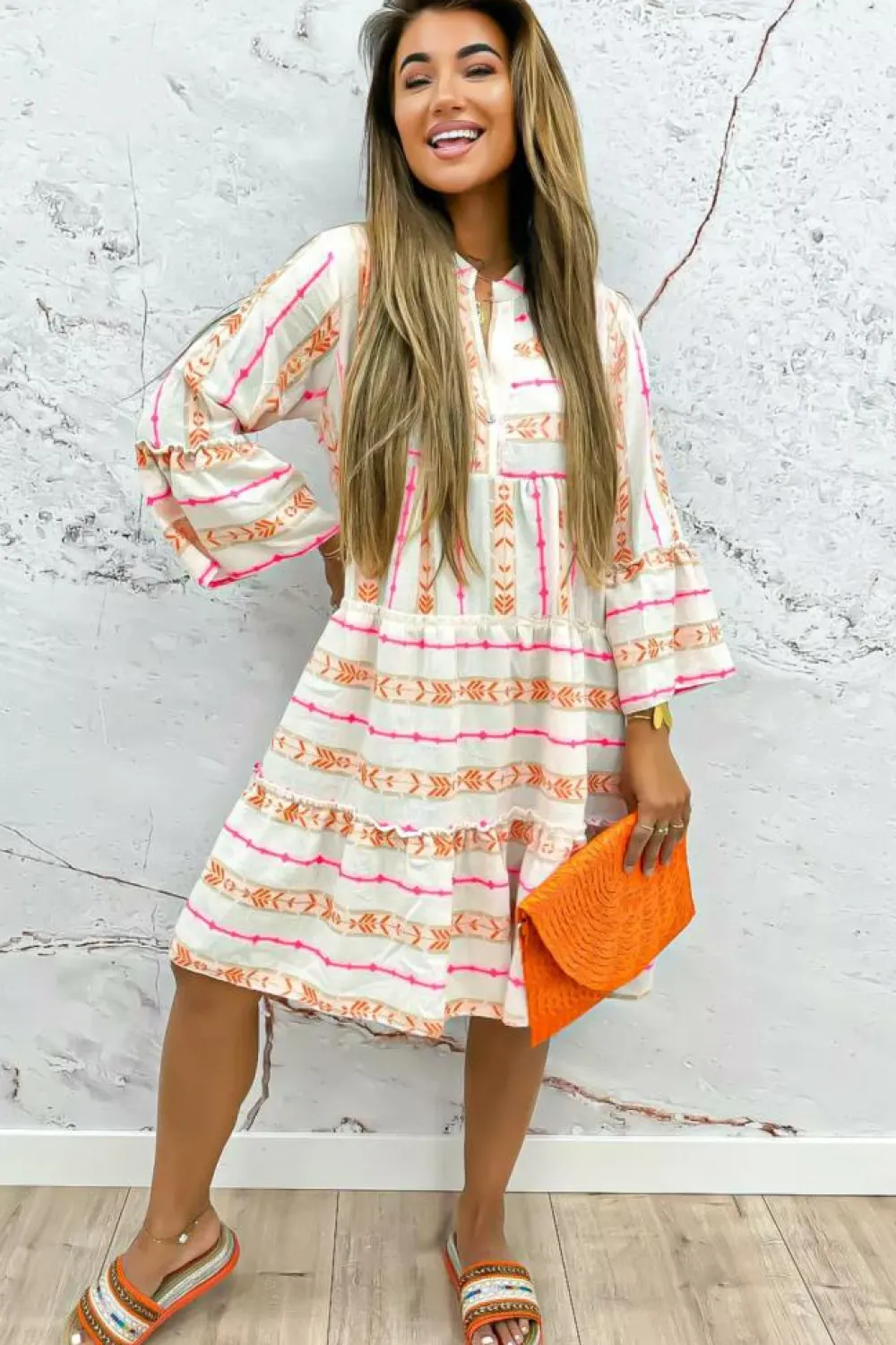 Clearance Dear-Lover Bohemian Printed Bracelet Sleeve Slit Neck Ruffled Loose Dress Orange