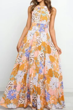 Fashion Dear-Lover Boho Floral Backless Lace up Sleeveless Maxi Dress Orange