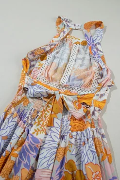 Fashion Dear-Lover Boho Floral Backless Lace up Sleeveless Maxi Dress Orange