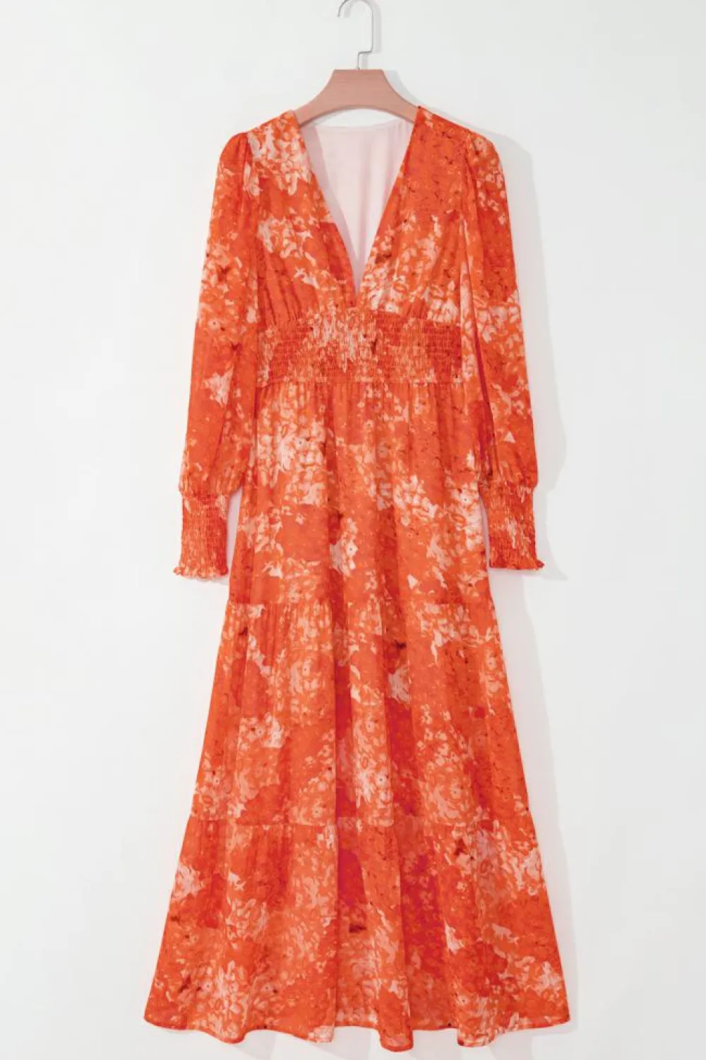 Discount Dear-Lover Boho Floral Bishop Sleeve V Neck Tiered Maxi Dress Orange