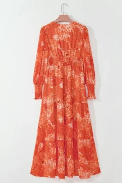 Discount Dear-Lover Boho Floral Bishop Sleeve V Neck Tiered Maxi Dress Orange