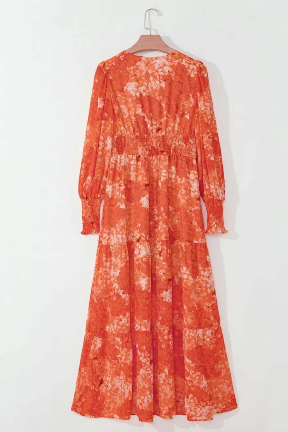 Discount Dear-Lover Boho Floral Bishop Sleeve V Neck Tiered Maxi Dress Orange