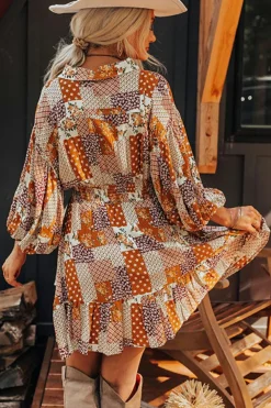 Discount Dear-Lover Boho Floral Puff Sleeve Smocked Waist Mini Shirt Dress Orange
