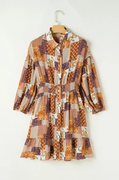 Discount Dear-Lover Boho Floral Puff Sleeve Smocked Waist Mini Shirt Dress Orange