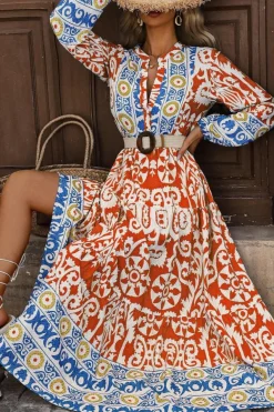 Discount Dear-Lover Boho Geometric Printed Long Sleeve Maxi Dress Orange