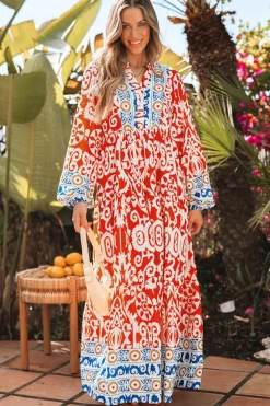 Discount Dear-Lover Boho Geometric Printed Long Sleeve Maxi Dress Orange
