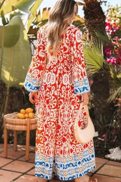 Discount Dear-Lover Boho Geometric Printed Long Sleeve Maxi Dress Orange