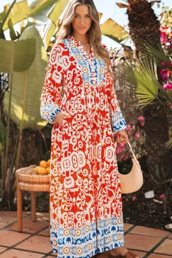 Discount Dear-Lover Boho Geometric Printed Long Sleeve Maxi Dress Orange