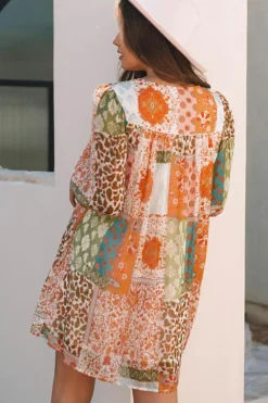 Discount Dear-Lover Boho Paisley Mixed Print 3/4 Sleeve Chiffon Loose Dress Orange