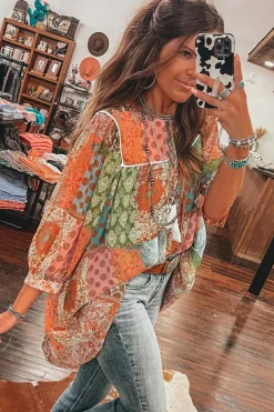 Discount Dear-Lover Boho Paisley Mixed Print 3/4 Sleeve Chiffon Loose Dress Orange