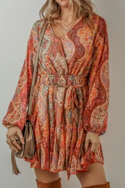 Fashion Dear-Lover Boho Paisley Print Long Sleeve Pleated Belted Mini Dress Orange