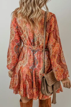 Fashion Dear-Lover Boho Paisley Print Long Sleeve Pleated Belted Mini Dress Orange