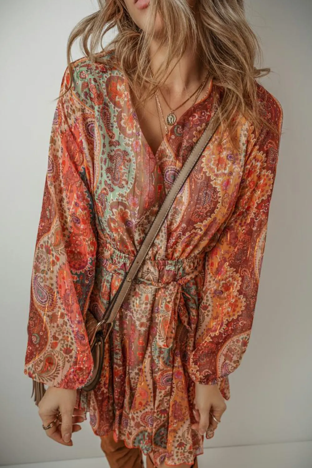 Fashion Dear-Lover Boho Paisley Print Long Sleeve Pleated Belted Mini Dress Orange