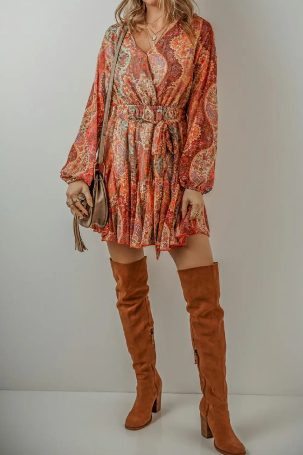 Fashion Dear-Lover Boho Paisley Print Long Sleeve Pleated Belted Mini Dress Orange
