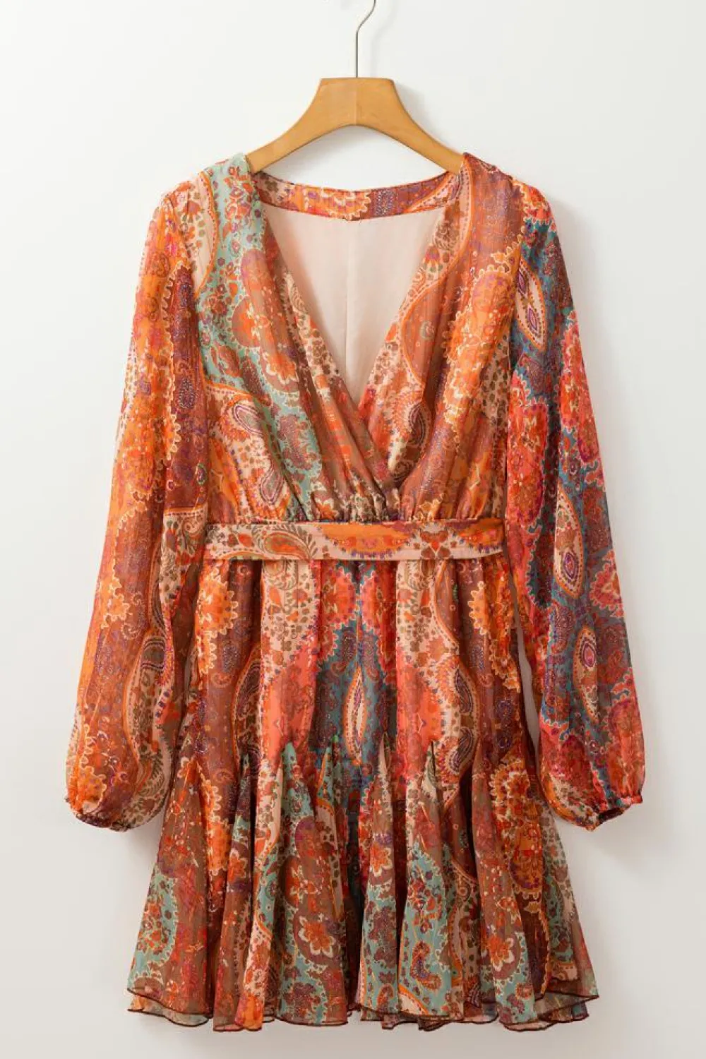 Fashion Dear-Lover Boho Paisley Print Long Sleeve Pleated Belted Mini Dress Orange