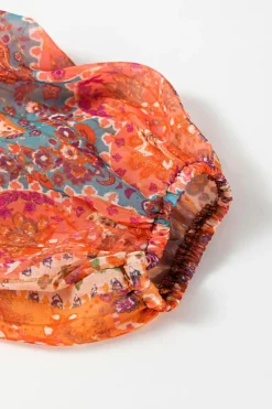 Fashion Dear-Lover Boho Paisley Print Long Sleeve Pleated Belted Mini Dress Orange