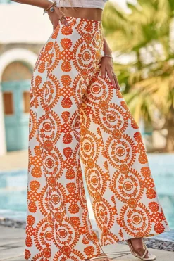 New Dear-Lover Boho Retro Flower Print Wide Leg Pants Orange
