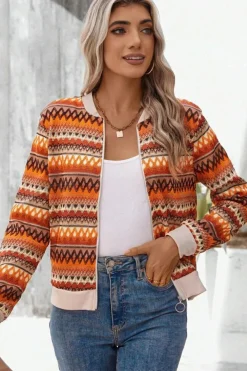 Hot Dear-Lover Boho Striped Zip Up Long Sleeve Jacket Orange