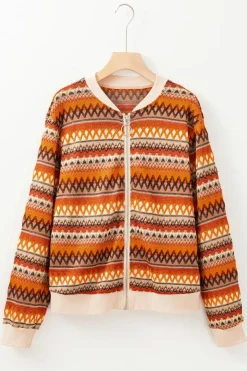 Hot Dear-Lover Boho Striped Zip Up Long Sleeve Jacket Orange