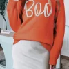 Outlet Dear-Lover Boo Knitted Pattern Ribbed Edge Drop Shoulder Sweater Orange