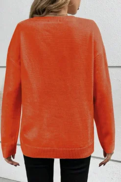 Outlet Dear-Lover Boo Knitted Pattern Ribbed Edge Drop Shoulder Sweater Orange