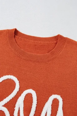 Outlet Dear-Lover Boo Knitted Pattern Ribbed Edge Drop Shoulder Sweater Orange