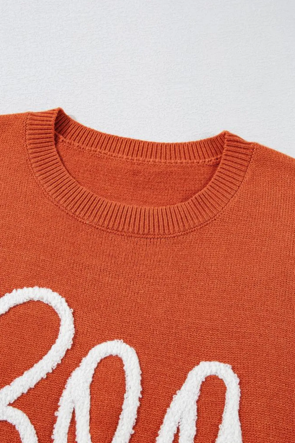 Outlet Dear-Lover Boo Knitted Pattern Ribbed Edge Drop Shoulder Sweater Orange