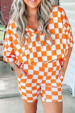Discount Dear-Lover Checkerboard Print V Neck Loose Tee and Shorts Lounge Set Orange