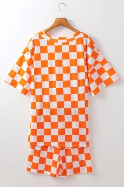 Discount Dear-Lover Checkerboard Print V Neck Loose Tee and Shorts Lounge Set Orange