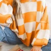 Best Dear-Lover Orange Checkered Bishop Sleeve Sweater Grapefruit Orange