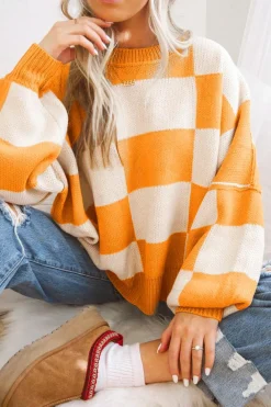 Best Dear-Lover Orange Checkered Bishop Sleeve Sweater Grapefruit Orange