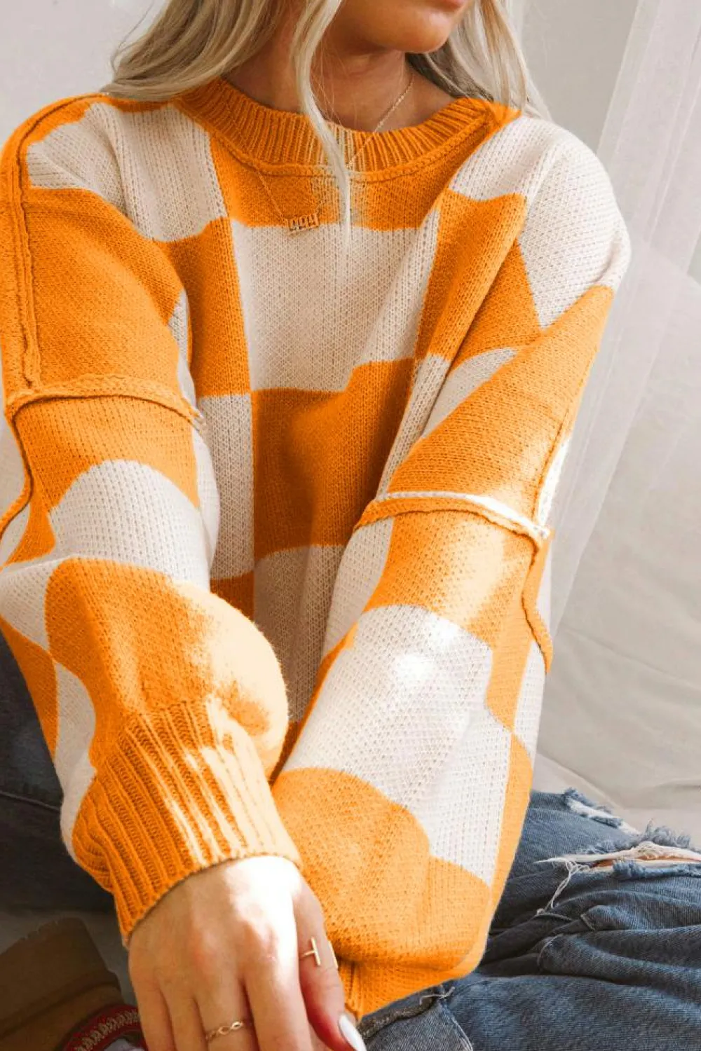 Best Dear-Lover Orange Checkered Bishop Sleeve Sweater Grapefruit Orange