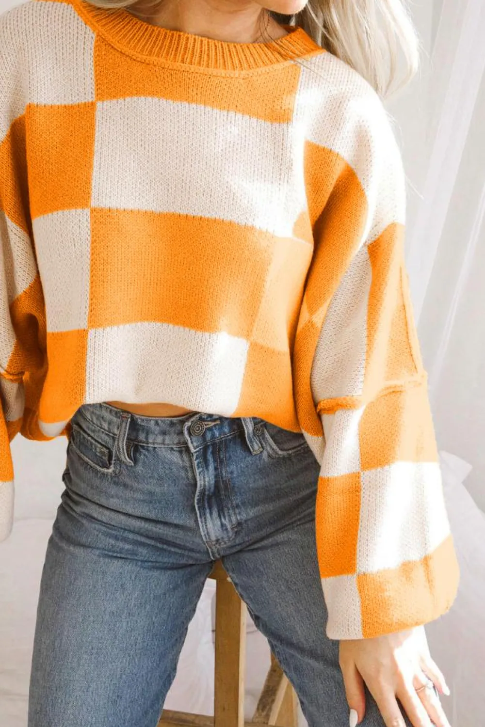 Best Dear-Lover Orange Checkered Bishop Sleeve Sweater Grapefruit Orange