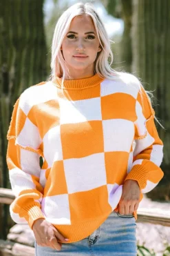 Best Dear-Lover Orange Checkered Bishop Sleeve Sweater Grapefruit Orange