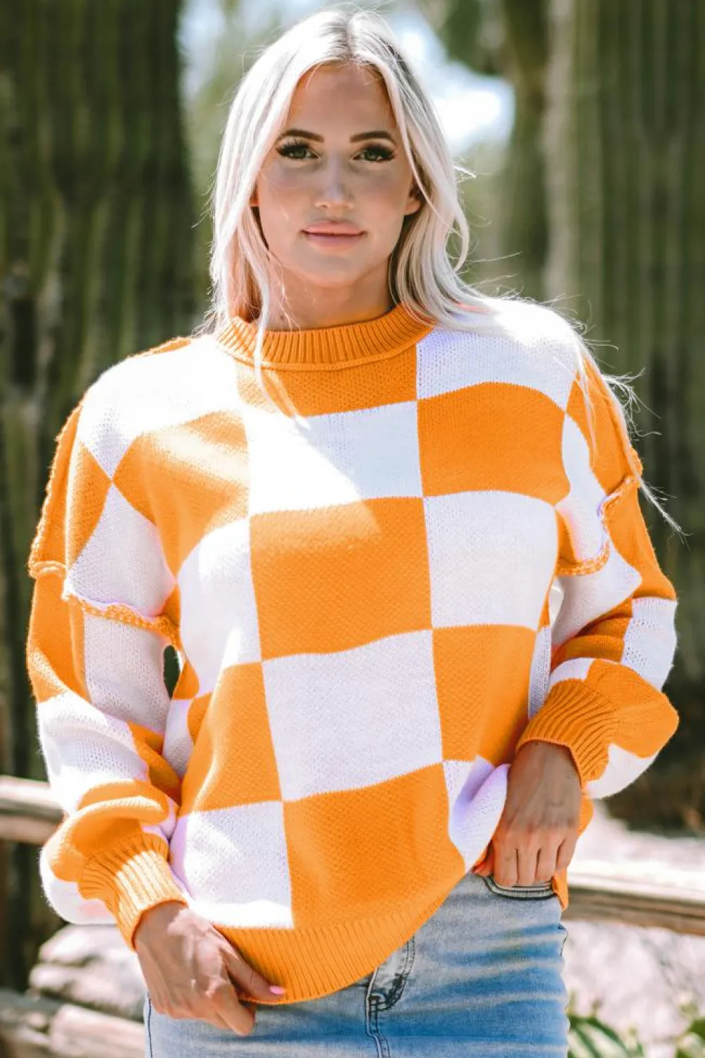 Best Dear-Lover Orange Checkered Bishop Sleeve Sweater Grapefruit Orange
