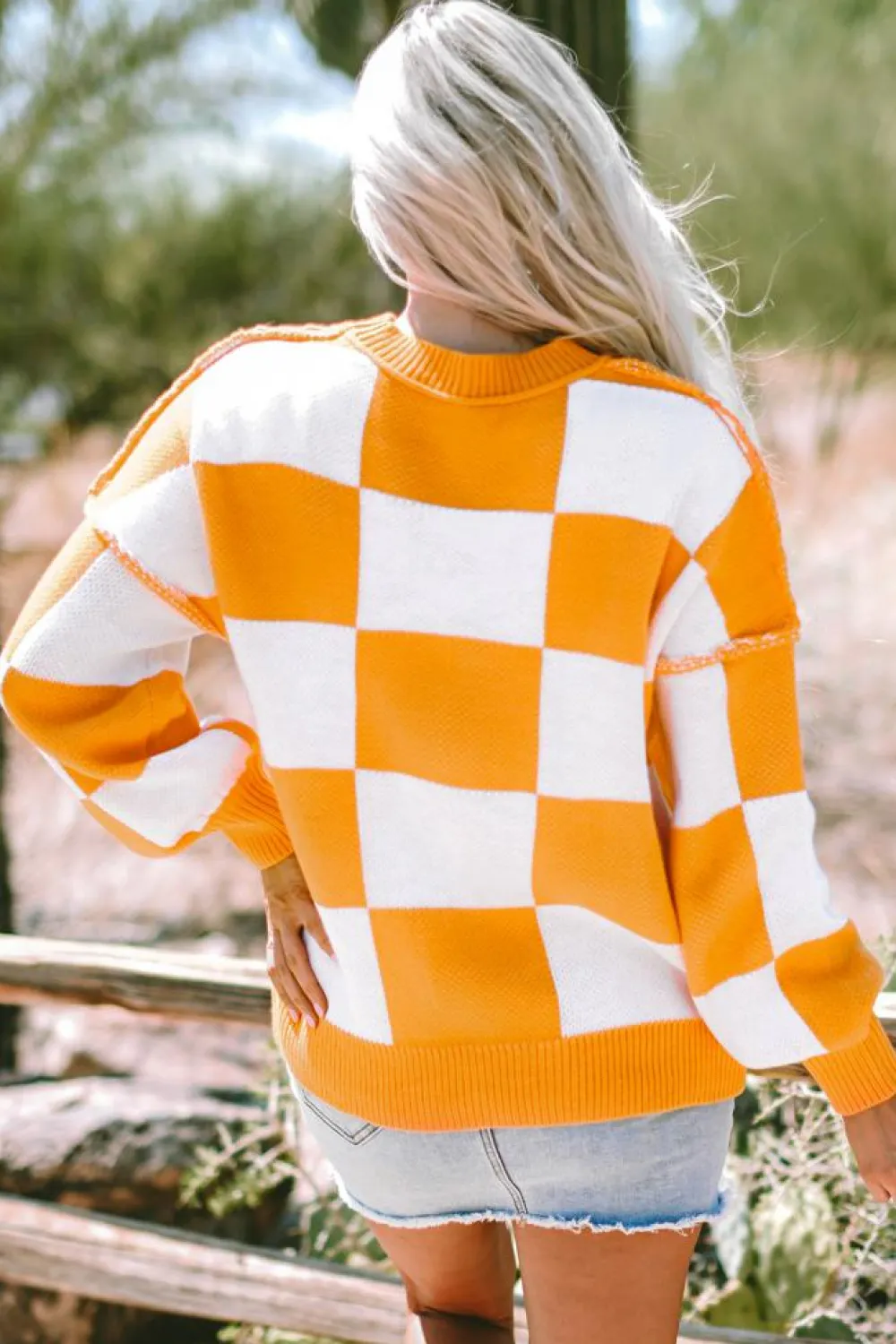 Best Dear-Lover Orange Checkered Bishop Sleeve Sweater Grapefruit Orange