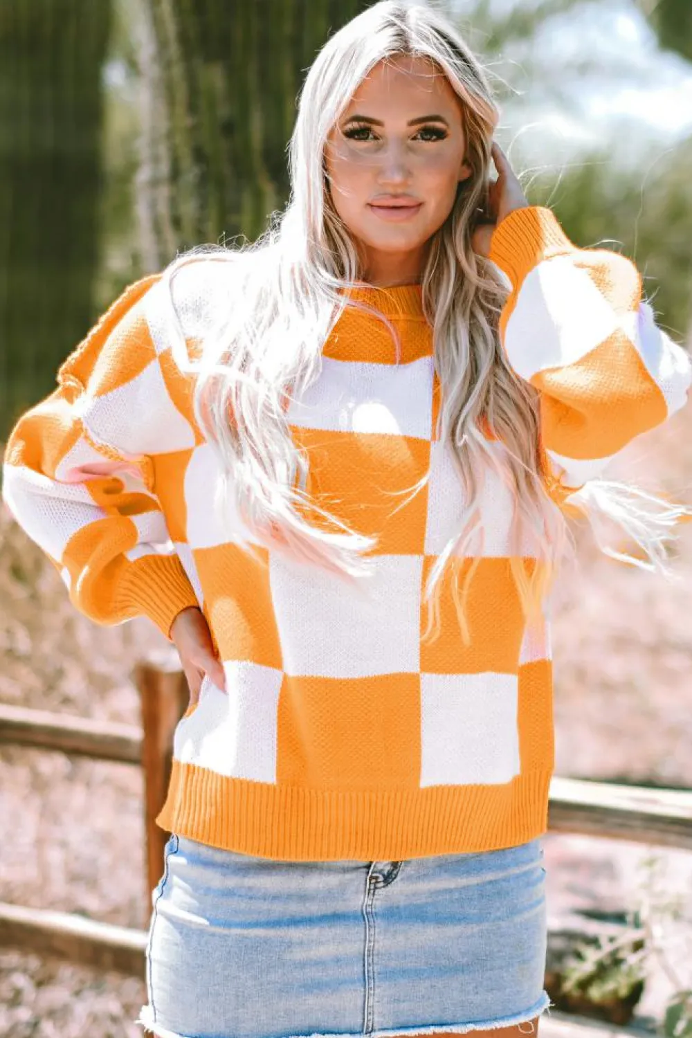 Best Dear-Lover Orange Checkered Bishop Sleeve Sweater Grapefruit Orange