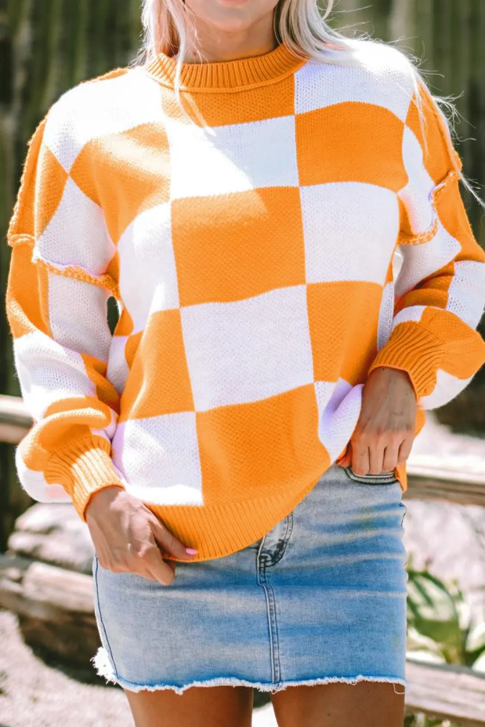 Best Dear-Lover Orange Checkered Bishop Sleeve Sweater Grapefruit Orange