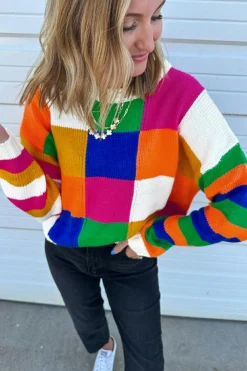 Outlet Dear-Lover Checkered Color Block Round Neck Loose Sweater Orange