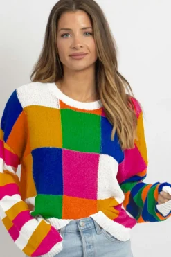 Outlet Dear-Lover Checkered Color Block Round Neck Loose Sweater Orange