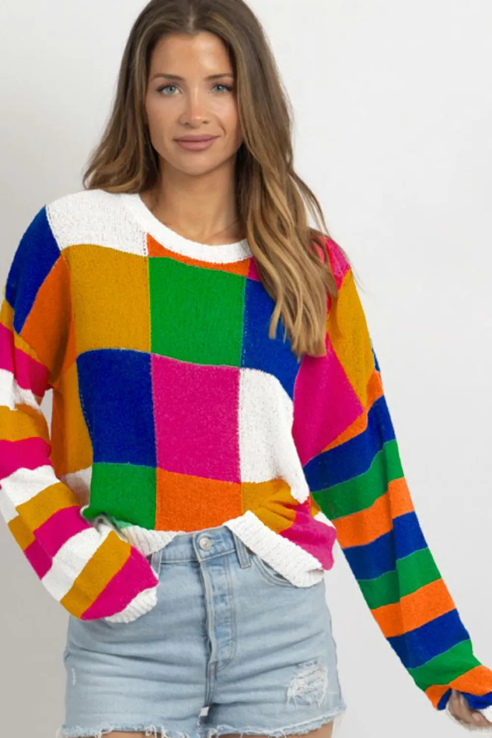 Outlet Dear-Lover Checkered Color Block Round Neck Loose Sweater Orange