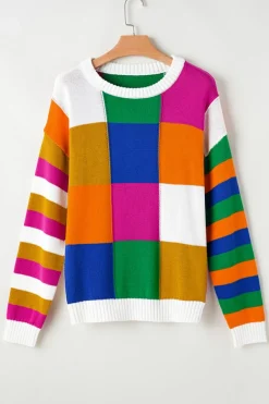 Outlet Dear-Lover Checkered Color Block Round Neck Loose Sweater Orange
