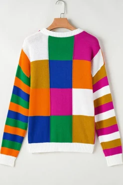 Outlet Dear-Lover Checkered Color Block Round Neck Loose Sweater Orange
