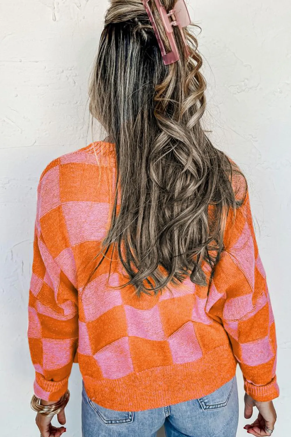 New Dear-Lover Checkered Drop Shoulder Buttoned V Neck Cardigan Orange