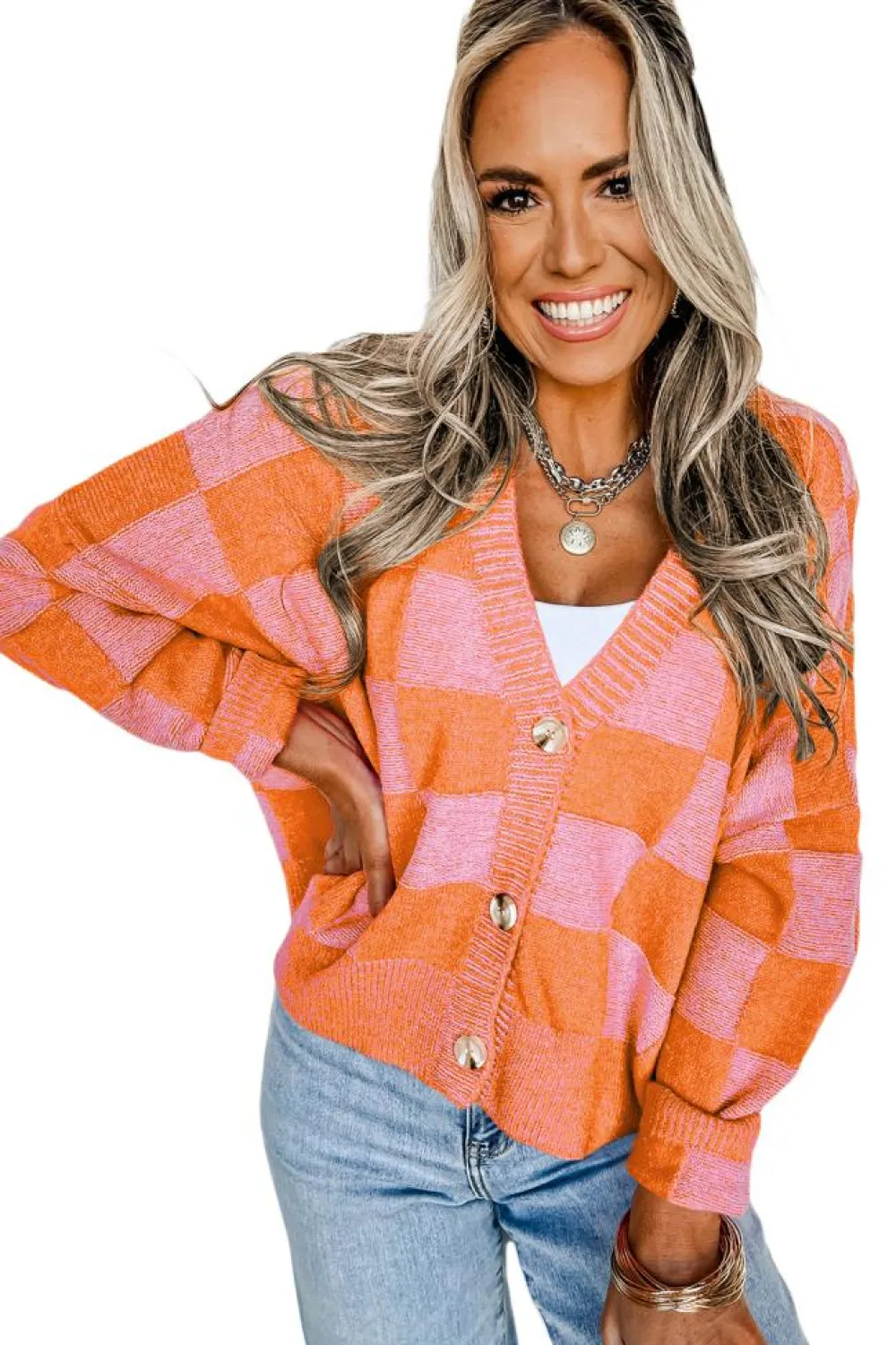 New Dear-Lover Checkered Drop Shoulder Buttoned V Neck Cardigan Orange
