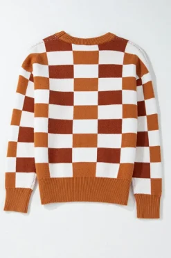 New Dear-Lover Checkered Ribbed Edge O Neck Drop Shoulder Sweater Orange