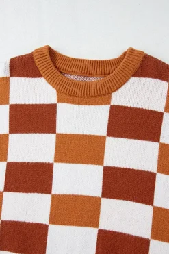 New Dear-Lover Checkered Ribbed Edge O Neck Drop Shoulder Sweater Orange