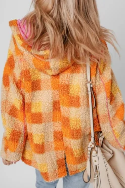 Clearance Dear-Lover Checkered Sherpa Hooded Jacket Orange