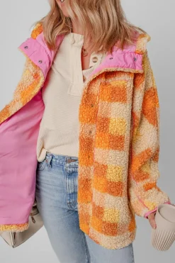 Clearance Dear-Lover Checkered Sherpa Hooded Jacket Orange