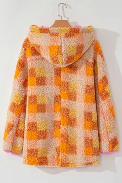 Clearance Dear-Lover Checkered Sherpa Hooded Jacket Orange